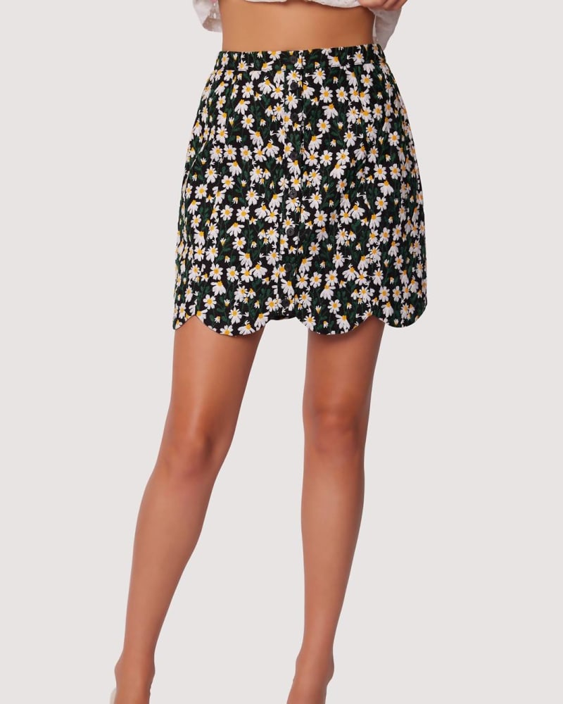 Front of a model wearing a size l Floral Chamomile Hills Skirt in Black/White in Black/White by LOST + WANDER. | dia_product_style_image_id:339003